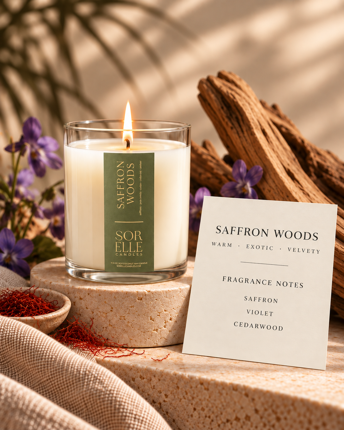 Saffron Woods fragrance notes card, palo santo cedarwood amber candle