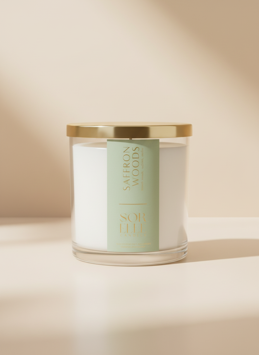 Saffron Woods, two wick coconut wax candle. Houston, Texas - Sorelle Candles  