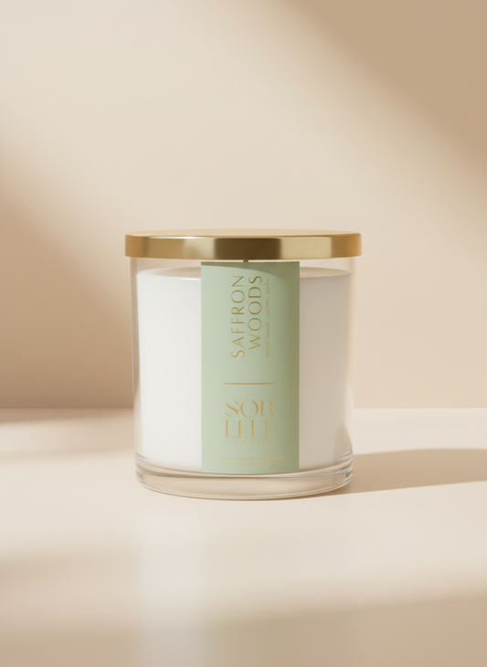 Saffron Woods, two wick, room filling scent throw, coconut wax candle. Houston, Texas - Sorelle Candles  