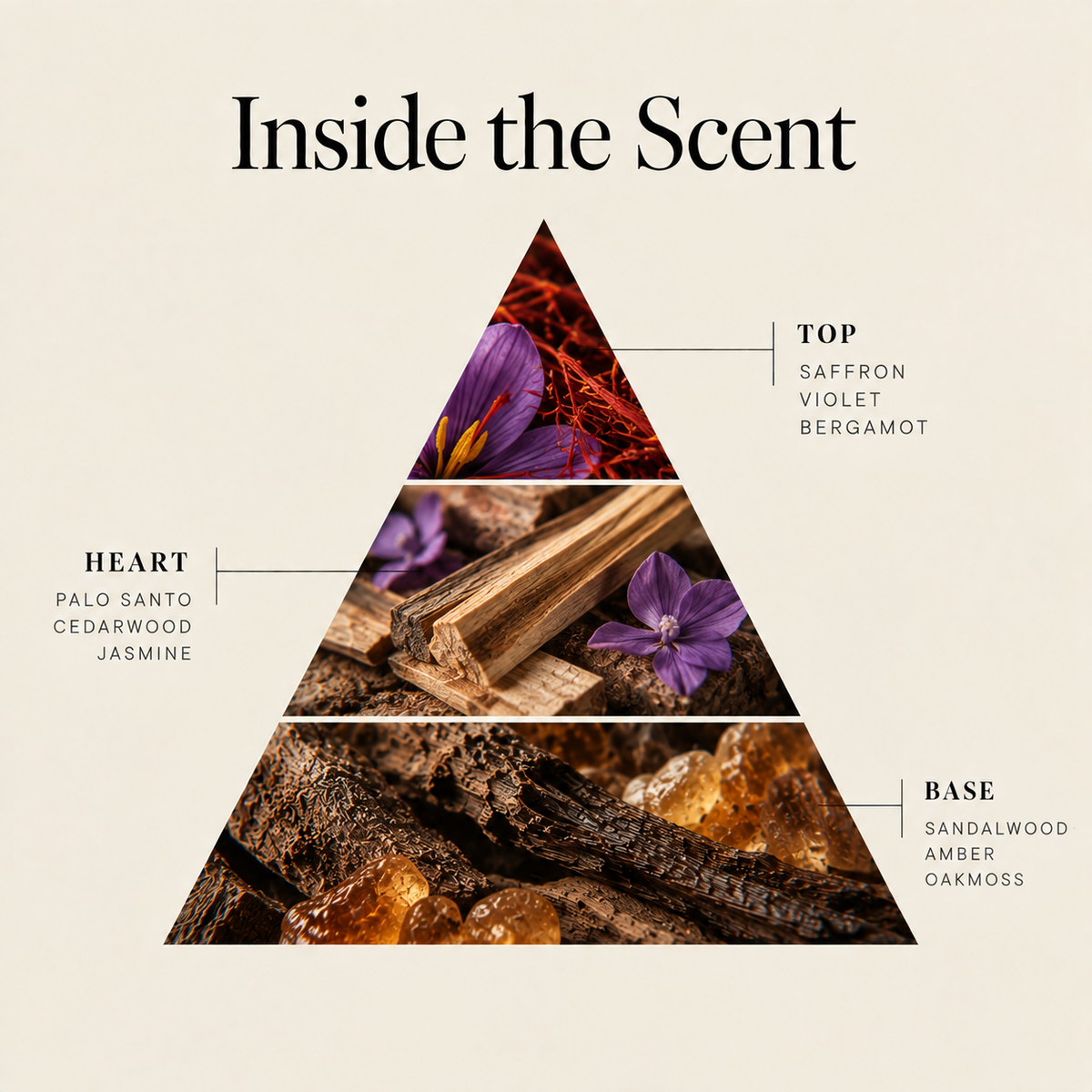 Saffron Woods coconut wax candle scent notes: saffron, violet & bergamot top, palo santo & cedarwood heart, sandalwood & amber base