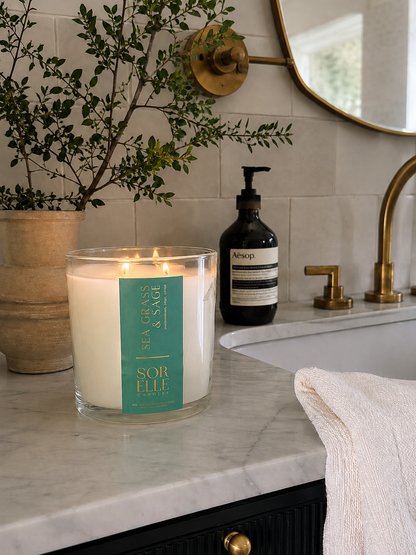 Sea Grass & Sage coconut wax candle, room-filling coastal scent throw