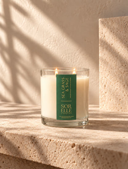 sea grass room filling coconut wax candle, strong scent. Non toxic, luxury candles. Houston texas