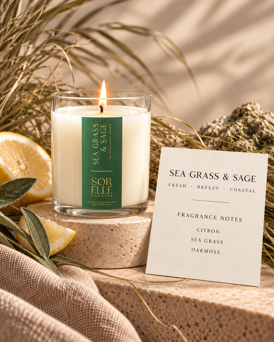 Sea Grass & Sage fragrance notes card, citron coastal aquatic candle
