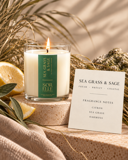 Sea Grass & Sage fragrance notes card, citron coastal aquatic candle