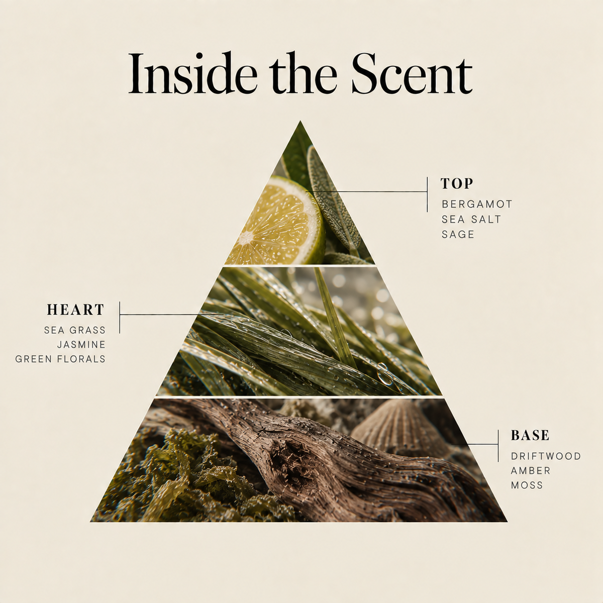 Sea Grass & Sage coconut wax candle scent notes: bergamot sea salt sage top, sea grass jasmine heart, driftwood amber moss base