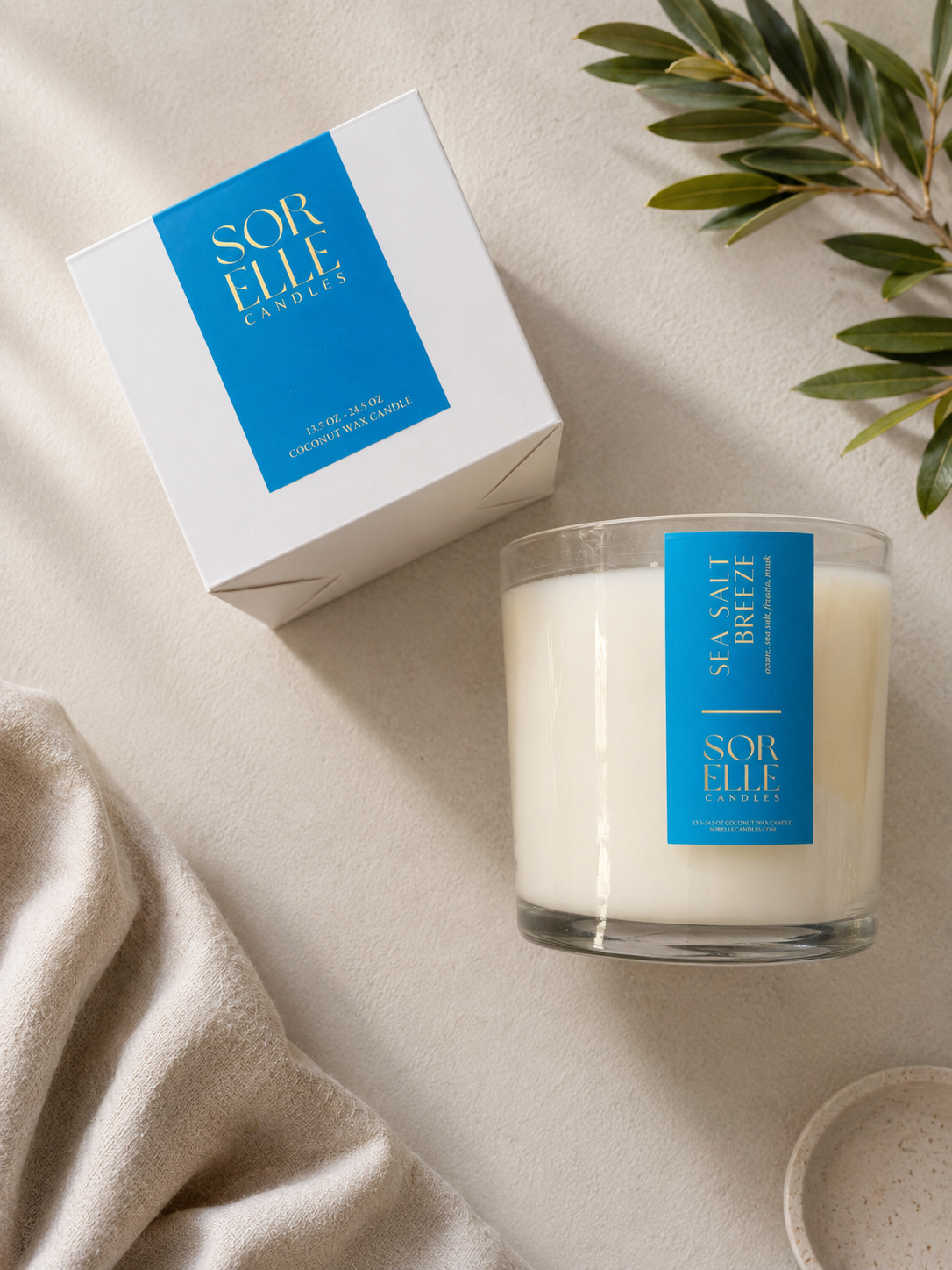 Sea Salt Breeze Strong Scented Coconut wax candle, 14 oz, Sorelle Candles Houston Tx