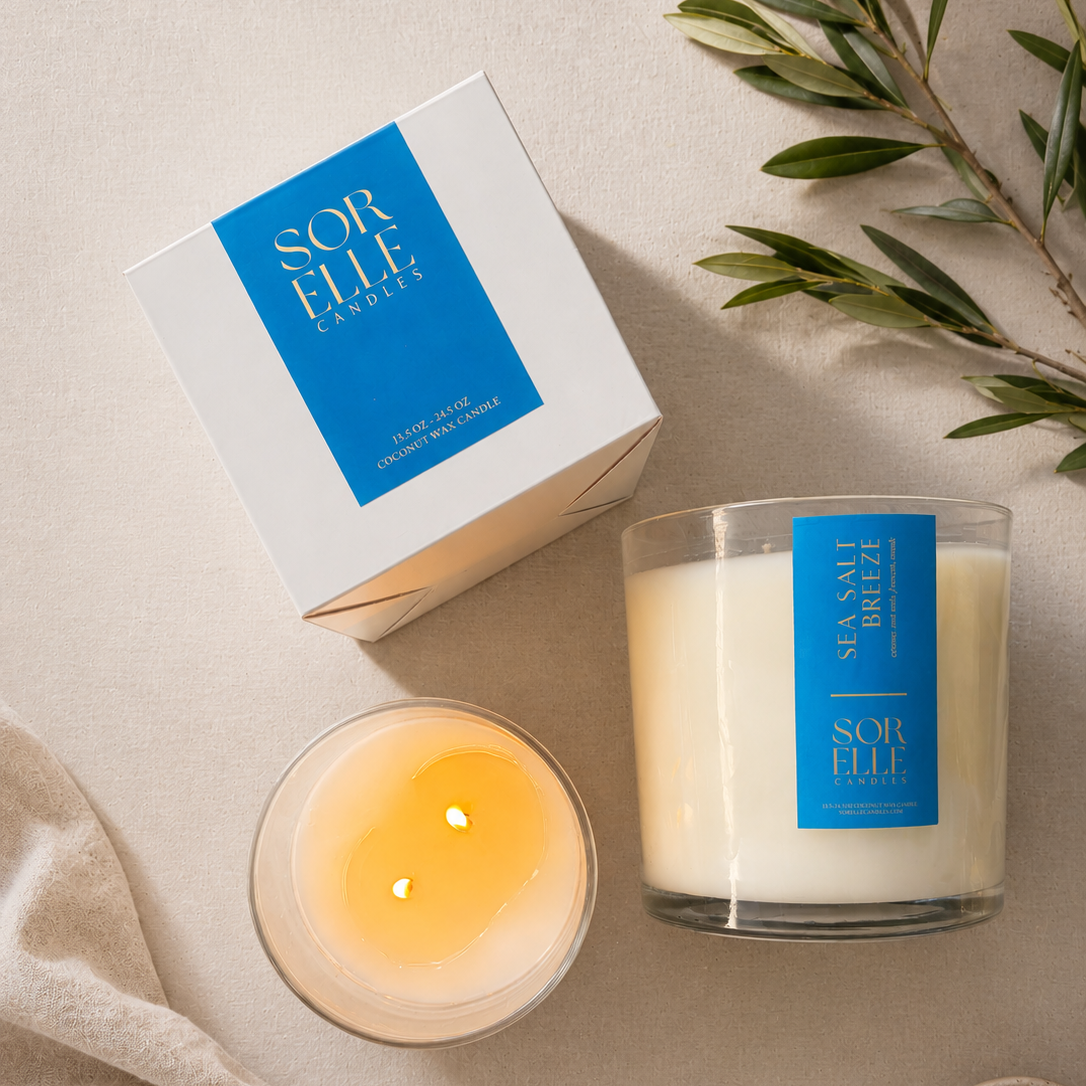 Sea Salt Breeze Strong Scented Coconut wax candle, 14 oz, Sorelle Candles Houston Tx