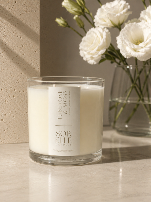 Strong Scented Tuberose coconut wax candle - tuberose, jasmine, oakmoss - hand poured in houston tx