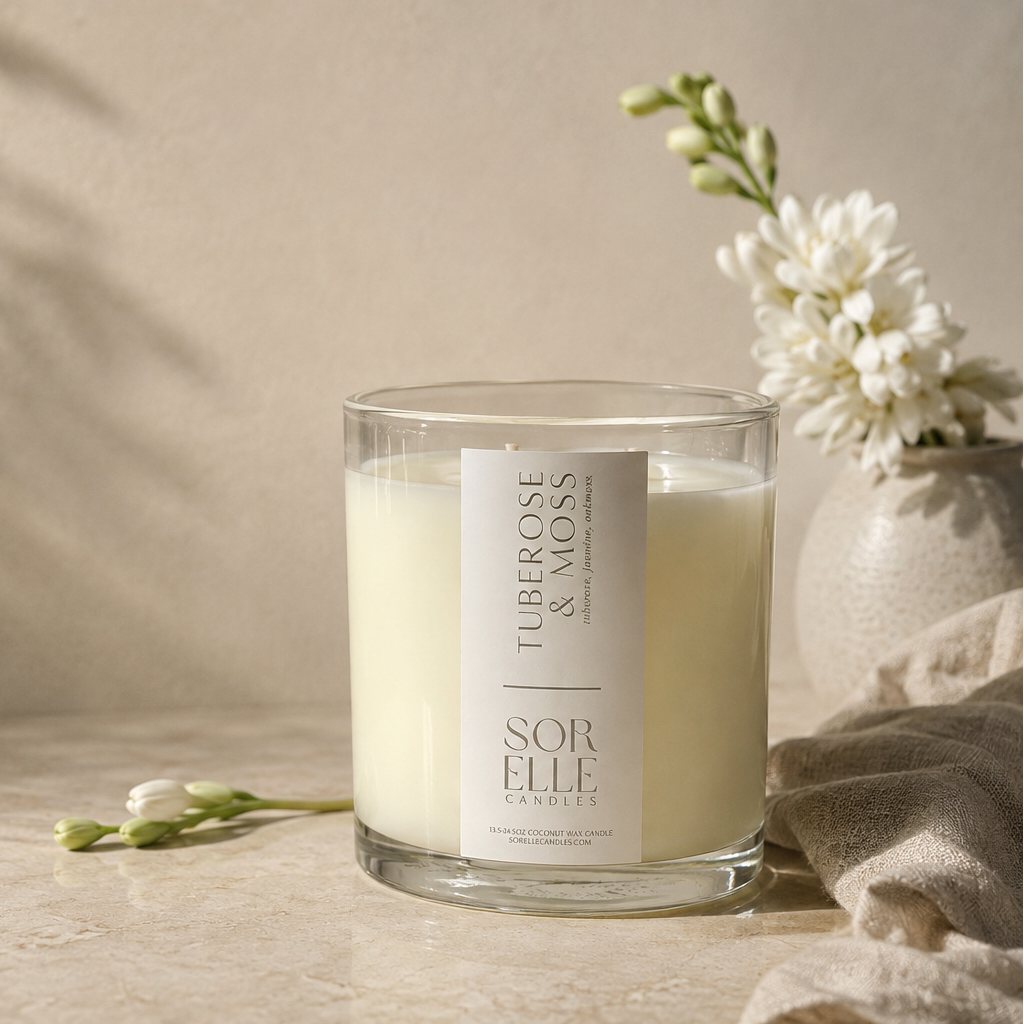 Tuberose & Moss coconut wax candle, room-filling floral scent throw