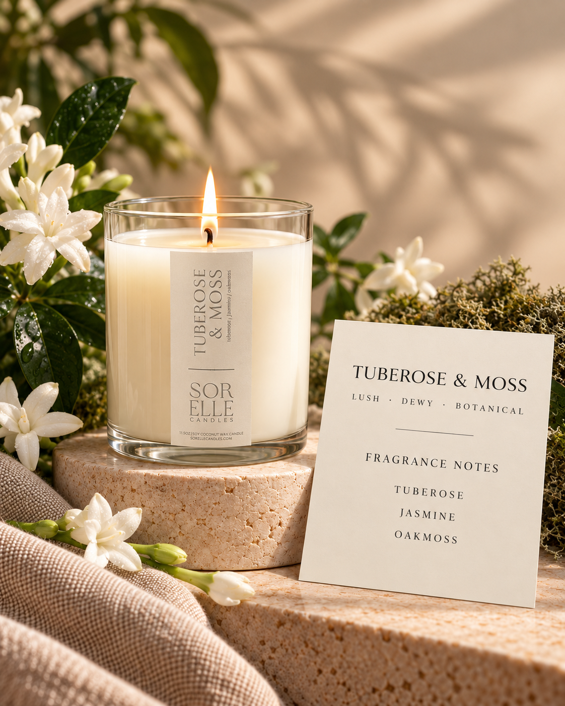 Tuberose & Moss fragrance notes card, tuberose jasmine oakmoss candle