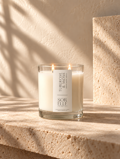 Tuberose & Moss coconut wax candle, part of the Midnight Bloom bundle, lush white floral scent