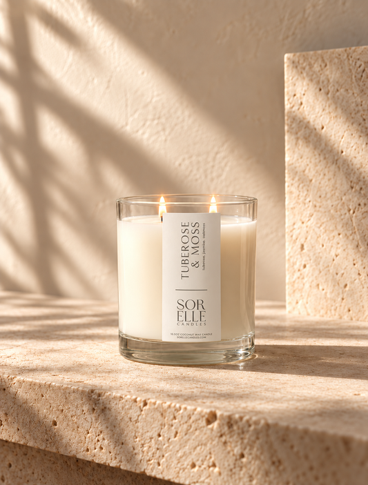 Tuberose & Moss coconut wax candle, lush floral jasmine and oakmoss scent