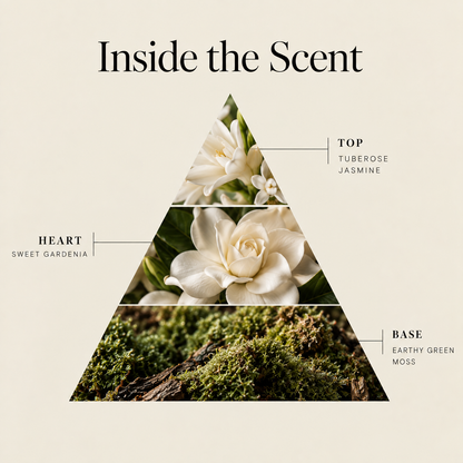 Tuberose & Moss coconut wax candle scent notes: tuberose & jasmine top, sweet gardenia heart, earthy green moss base
