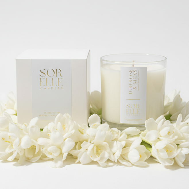 Tuberose coconut wax candle - tuberose, jasmine, oakmoss - hand poured in houston tx. 