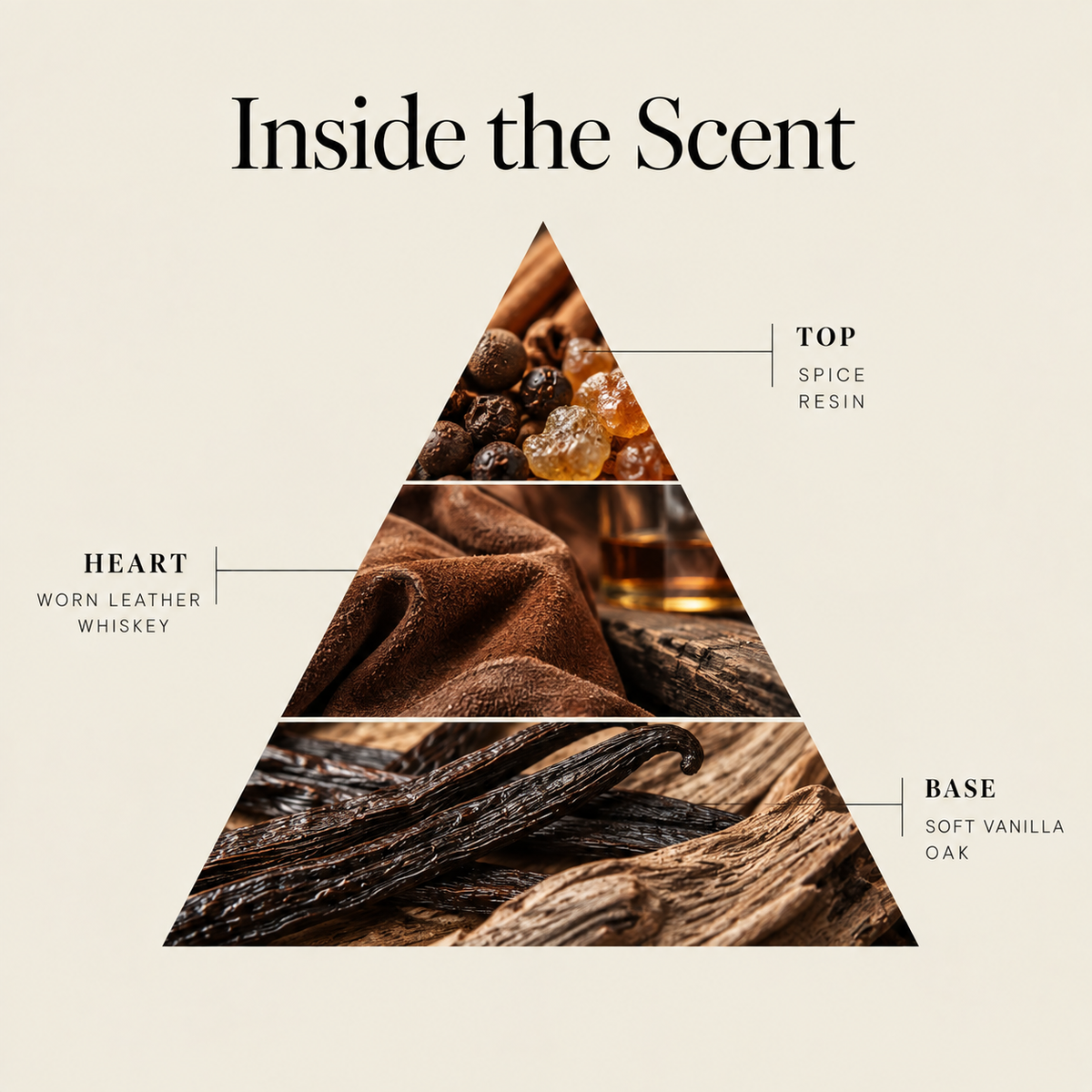 Vintage Suede coconut wax candle scent notes: spice & resin top, worn leather & whiskey heart, soft vanilla & oak base