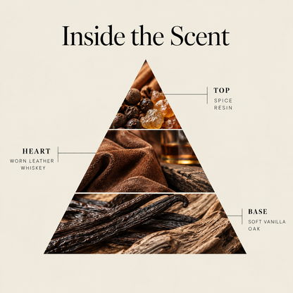 Vintage Suede coconut wax candle scent notes: spice & resin top, worn leather & whiskey heart, soft vanilla & oak base
