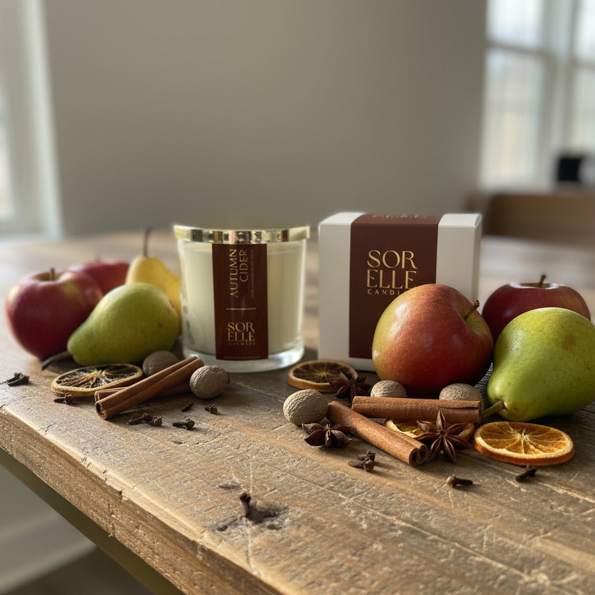 autumn cider coconut soy wax candle. Sorelle label gold foil