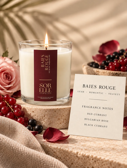 Baies Rouge - Diptyque Baies dupe candle. Scent notes, red currant, rose, and black currant.