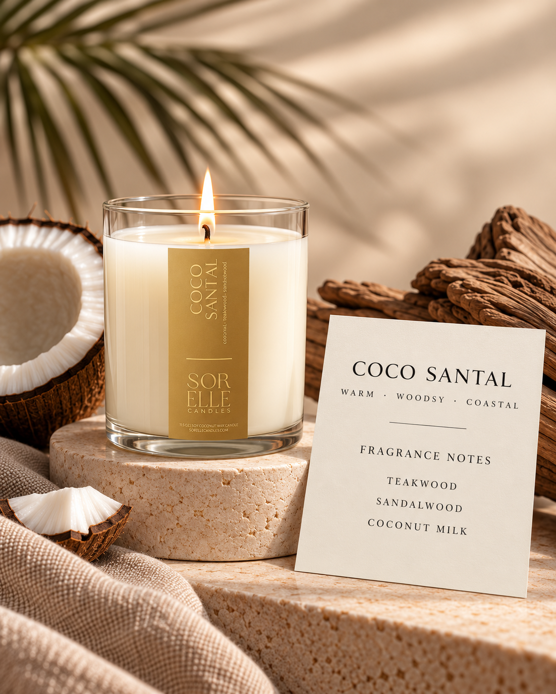 Coco Santal coconut wax candle lit beside fragrance notes card