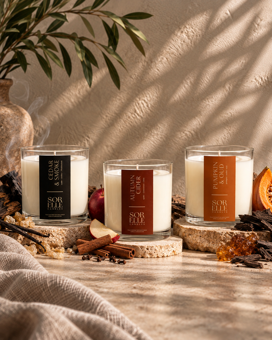 Cedar Smoke, Pumpkin Oud, Autumn Cider. Strong scented coconut wax candles. Houston Tx. 