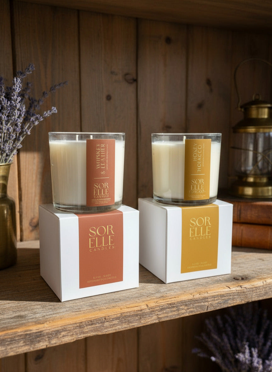 whiskey and honey tobacoo coconut wax candles in glass jar on boxes.