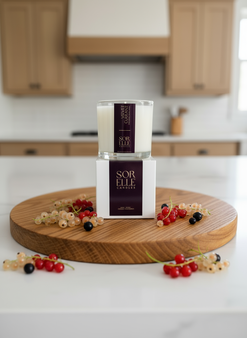 sorelle large coconut wax velvet currant scented candle in a modern kitchen with purple label with gold foil